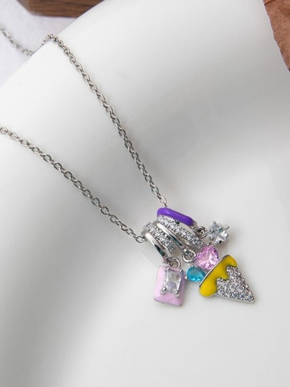 Silver-tone Multicolor Ice Cream Charm Necklace - Pink, Purple, Yellow